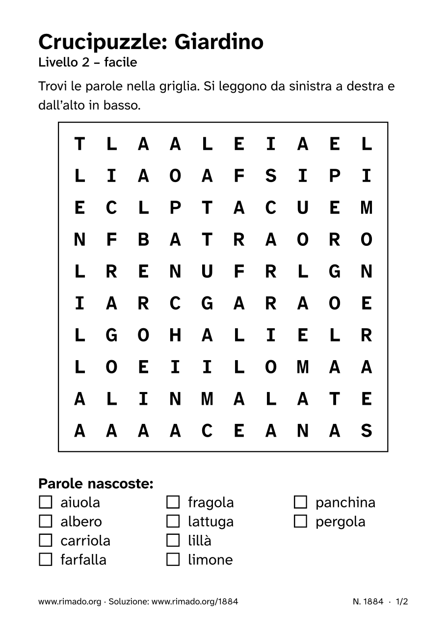 Anteprima del foglio stampato: Crucipuzzle «Giardino», n. 1884