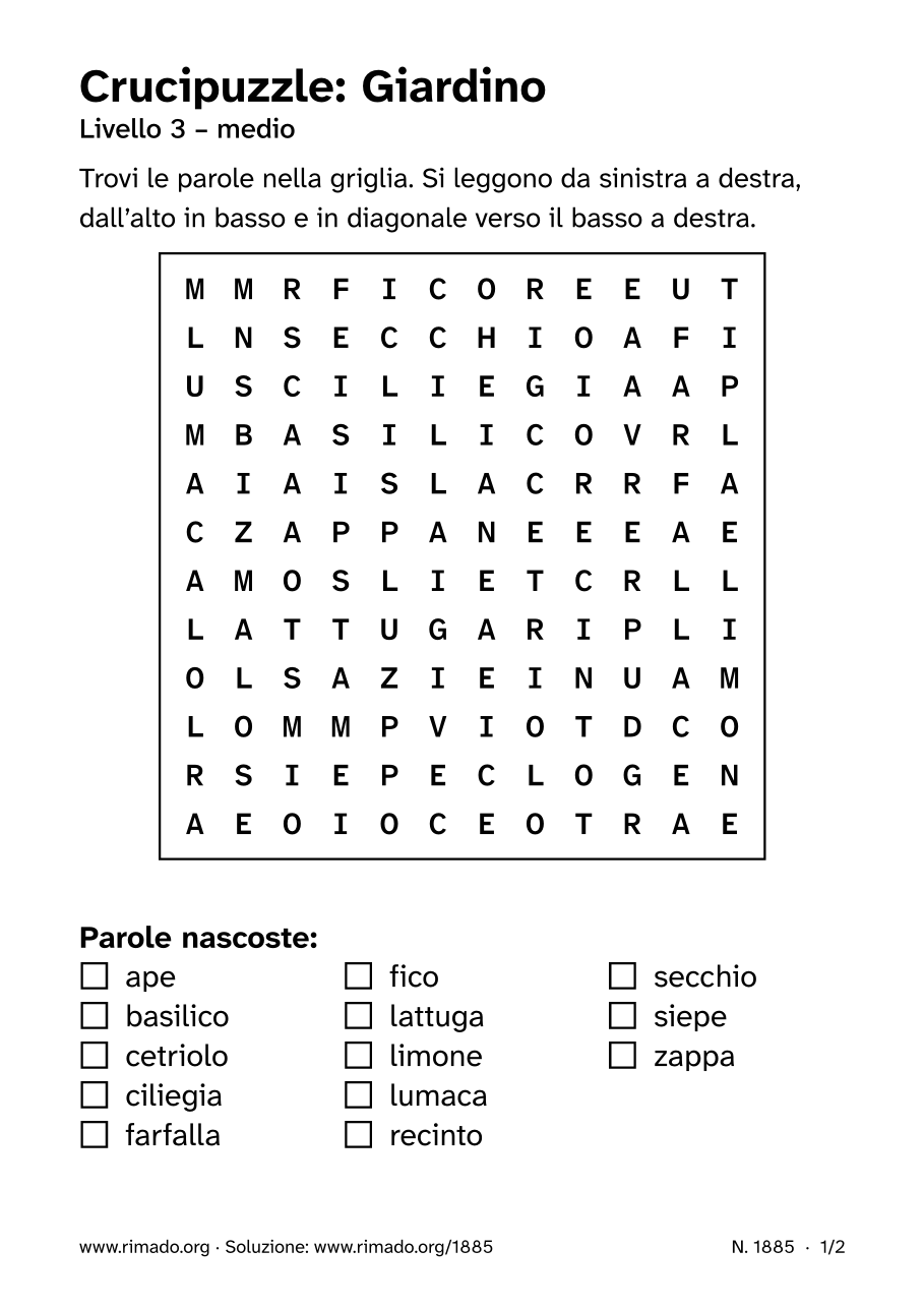 Anteprima del foglio stampato: Crucipuzzle «Giardino», n. 1885