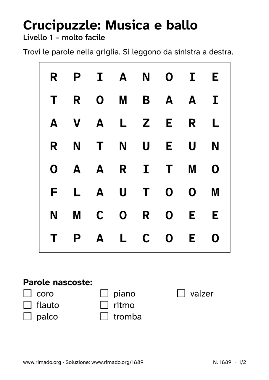 Anteprima del foglio stampato: Crucipuzzle «Musica e ballo», n. 1889
