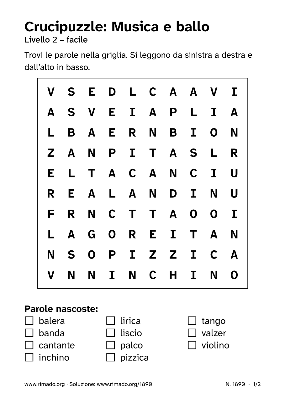 Anteprima del foglio stampato: Crucipuzzle «Musica e ballo», n. 1890