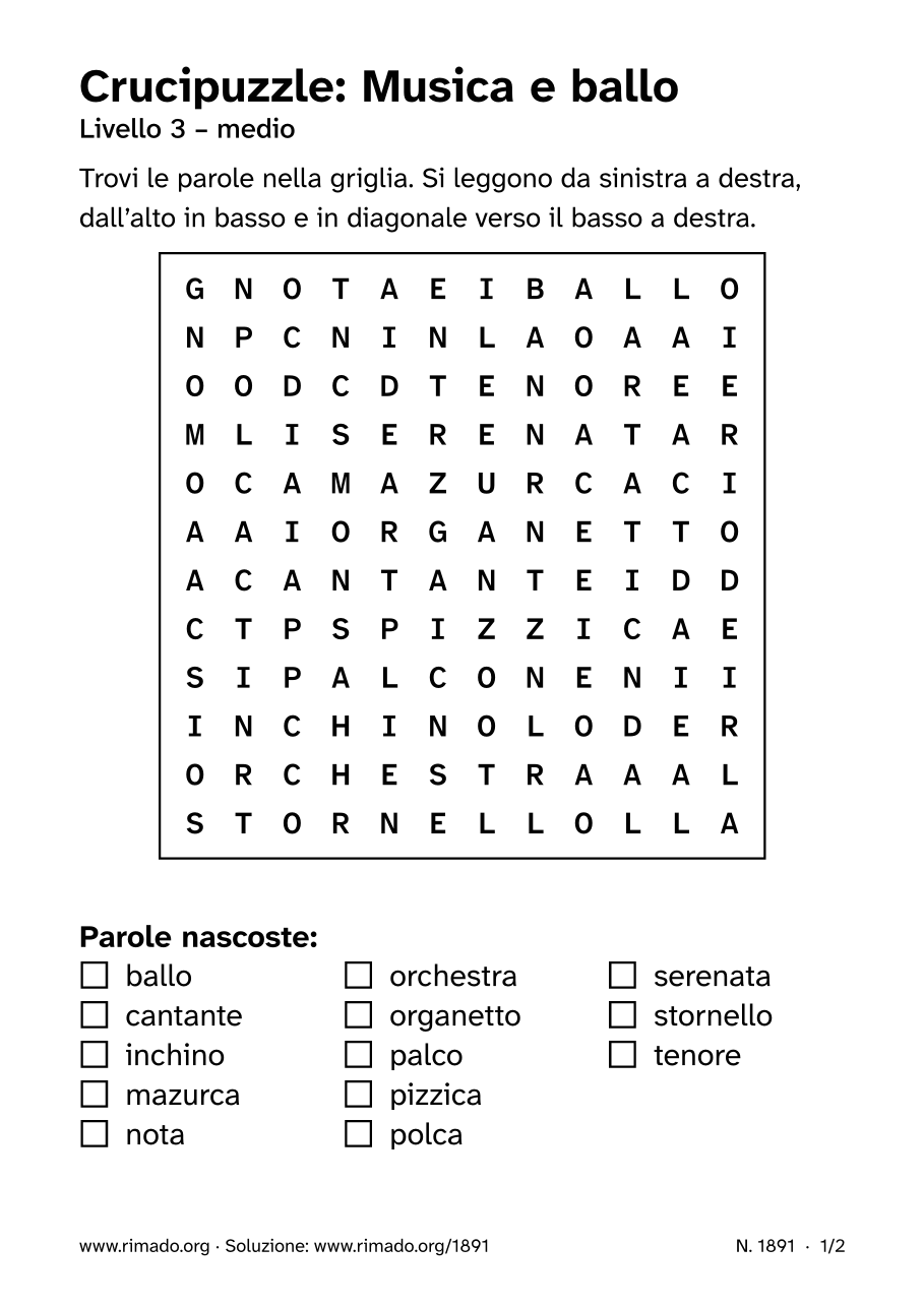 Anteprima del foglio stampato: Crucipuzzle «Musica e ballo», n. 1891