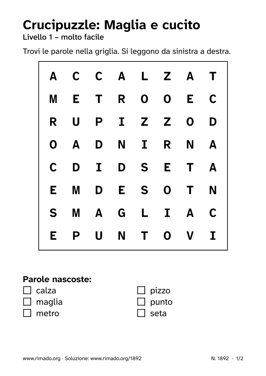 Anteprima del foglio stampato: Crucipuzzle «Maglia e cucito», n. 1892