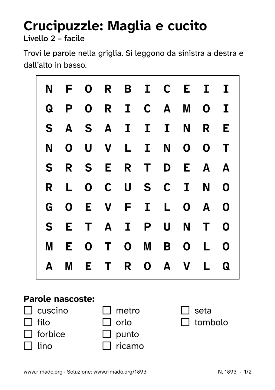 Anteprima del foglio stampato: Crucipuzzle «Maglia e cucito», n. 1893