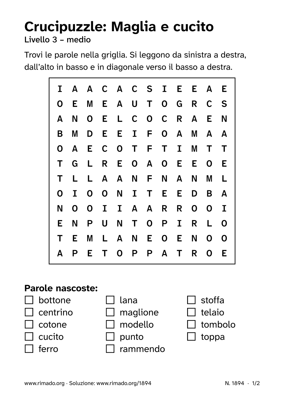Anteprima del foglio stampato: Crucipuzzle «Maglia e cucito», n. 1894