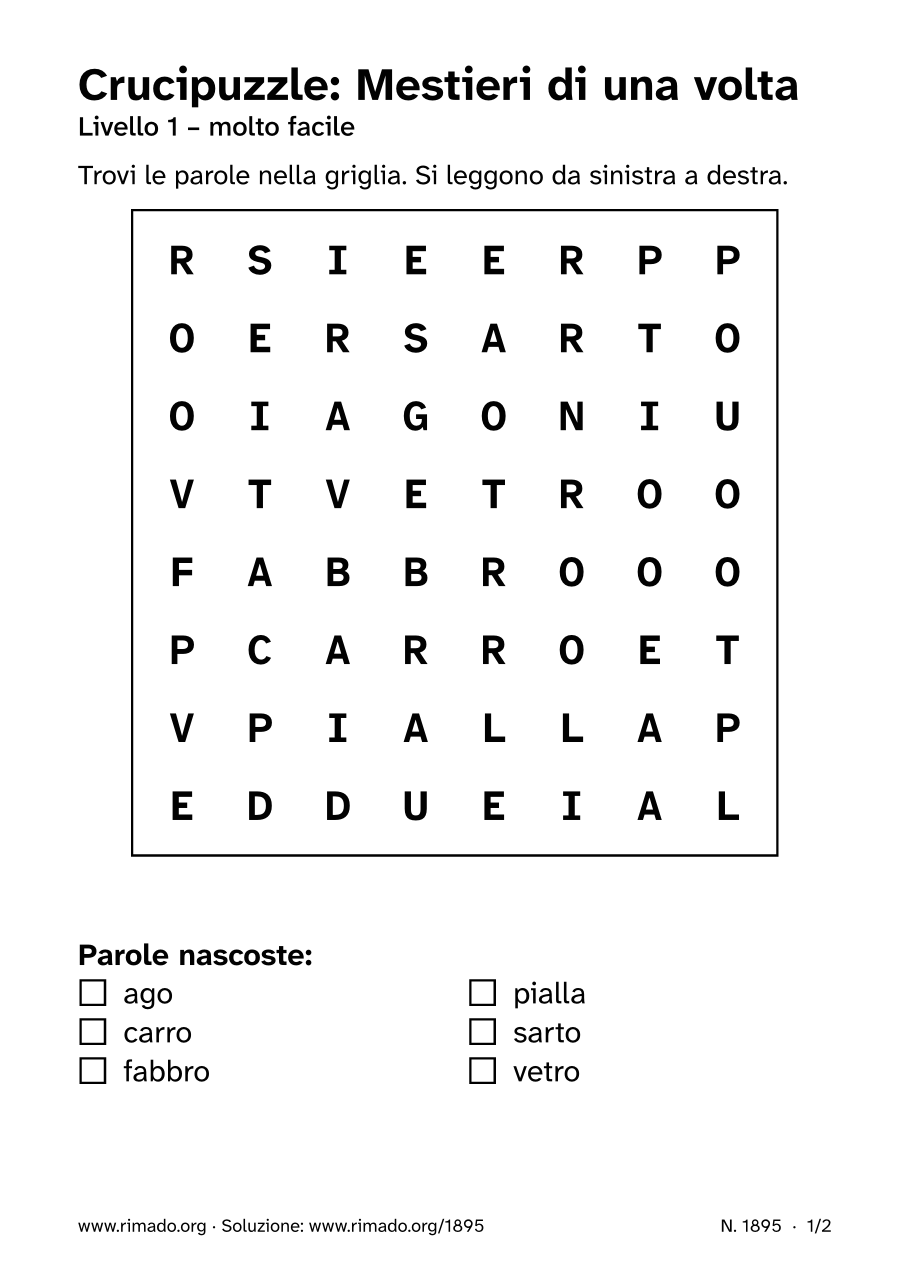 Anteprima del foglio stampato: Crucipuzzle «Mestieri di una volta», n. 1895