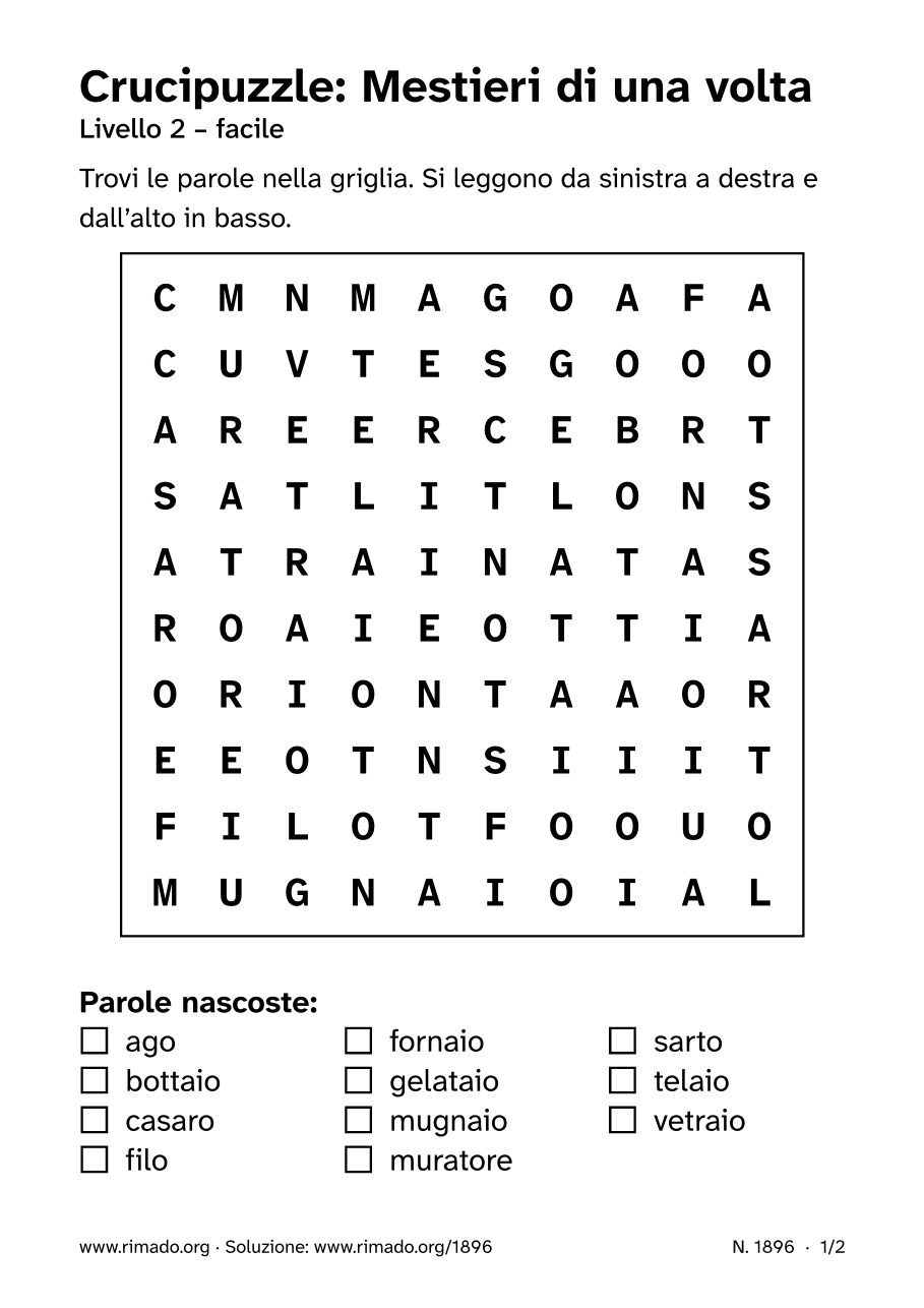 Anteprima del foglio stampato: Crucipuzzle «Mestieri di una volta», n. 1896