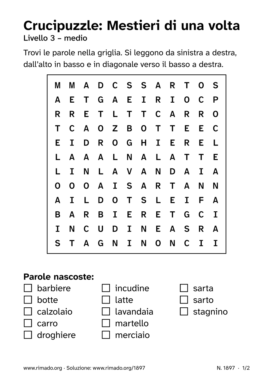 Anteprima del foglio stampato: Crucipuzzle «Mestieri di una volta», n. 1897