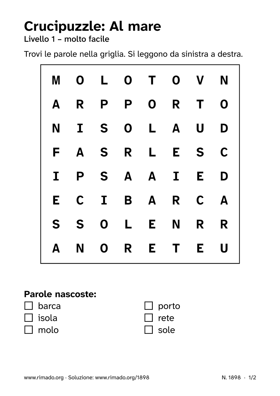 Anteprima del foglio stampato: Crucipuzzle «Al mare», n. 1898