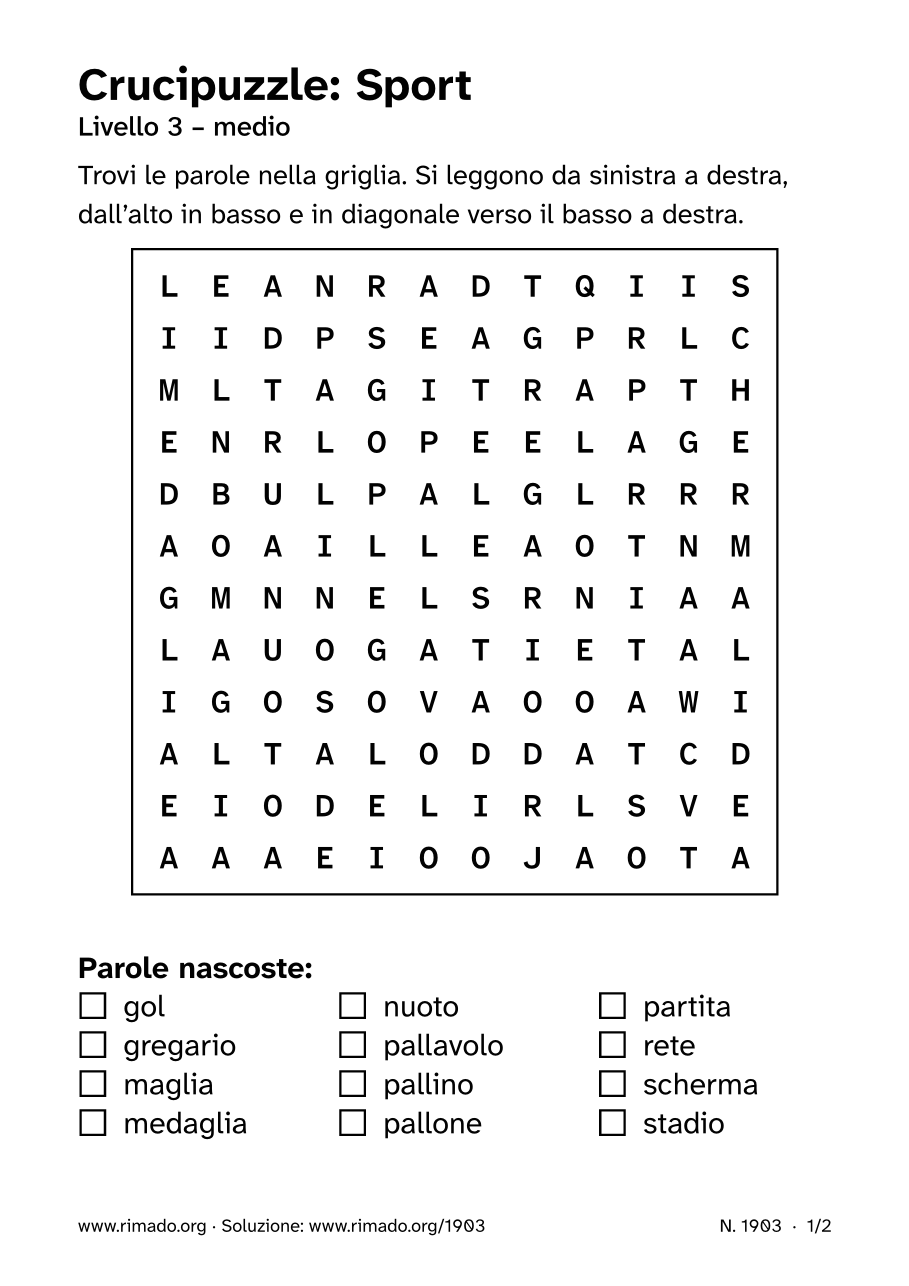 Anteprima del foglio stampato: Crucipuzzle «Sport», n. 1903