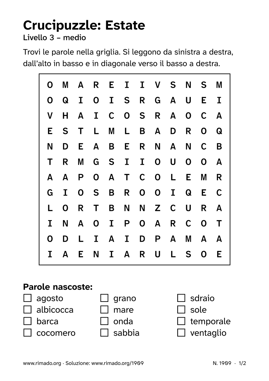 Anteprima del foglio stampato: Crucipuzzle «Estate», n. 1909