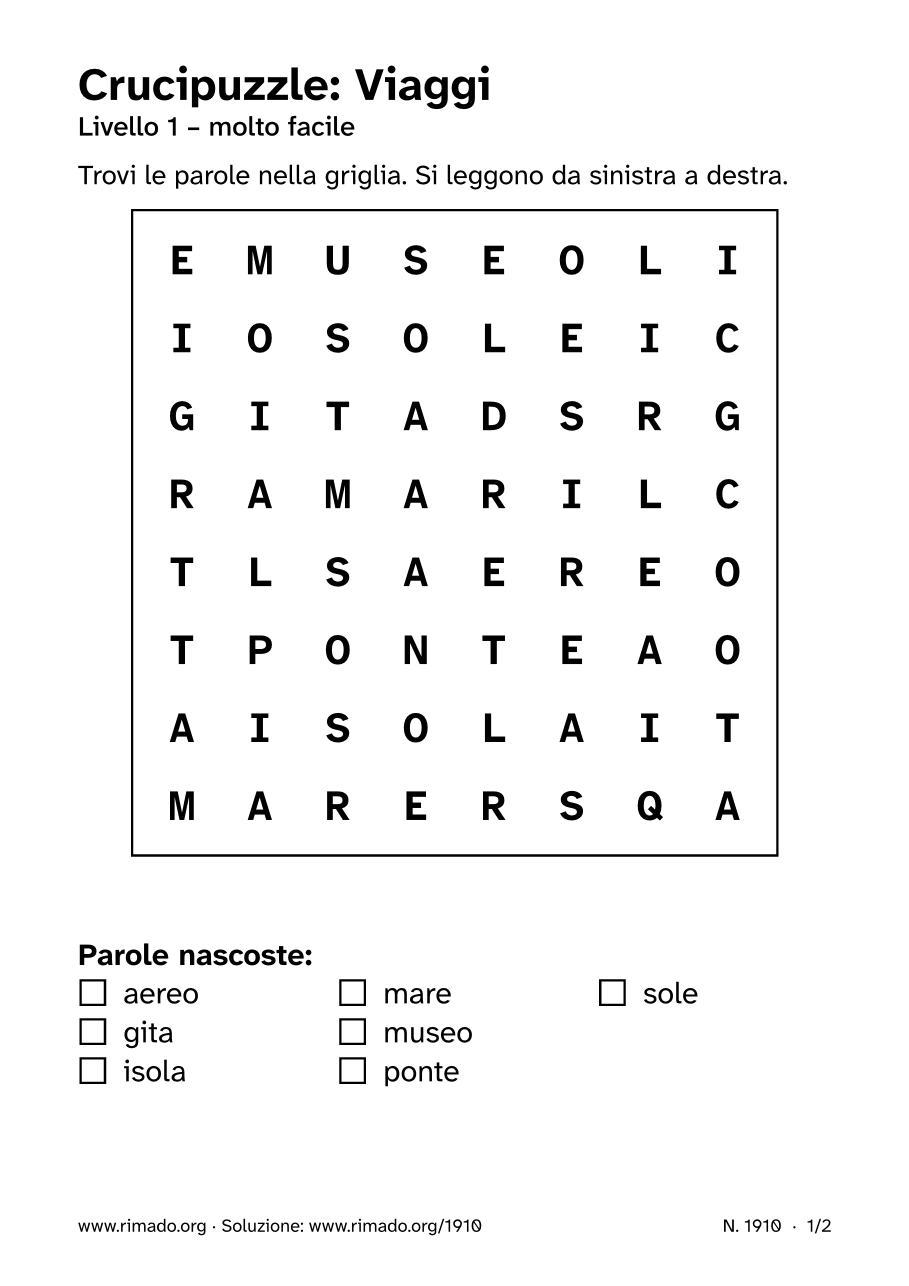 Anteprima del foglio stampato: Crucipuzzle «Viaggi», n. 1910