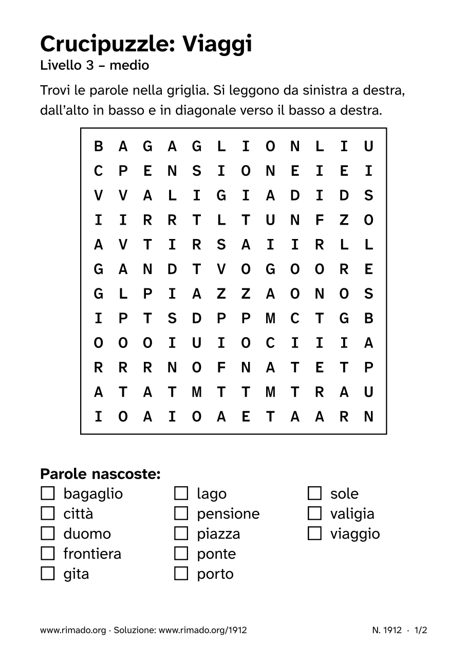 Anteprima del foglio stampato: Crucipuzzle «Viaggi», n. 1912