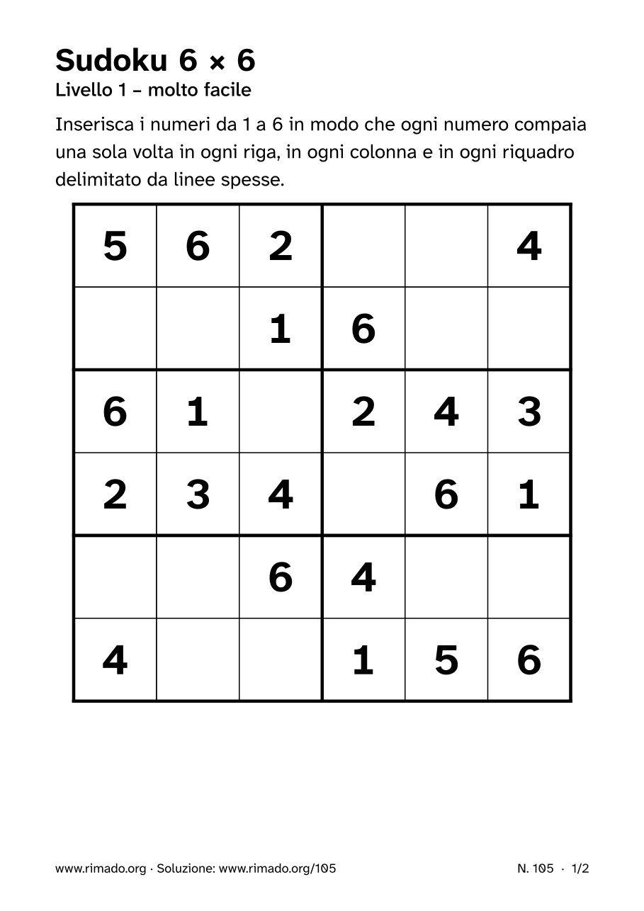 Anteprima del foglio stampato: Sudoku 6 × 6, n. 105