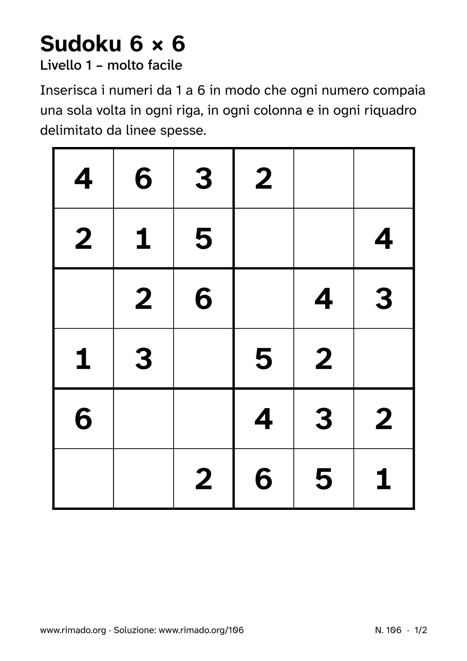 Anteprima del foglio stampato: Sudoku 6 × 6, n. 106