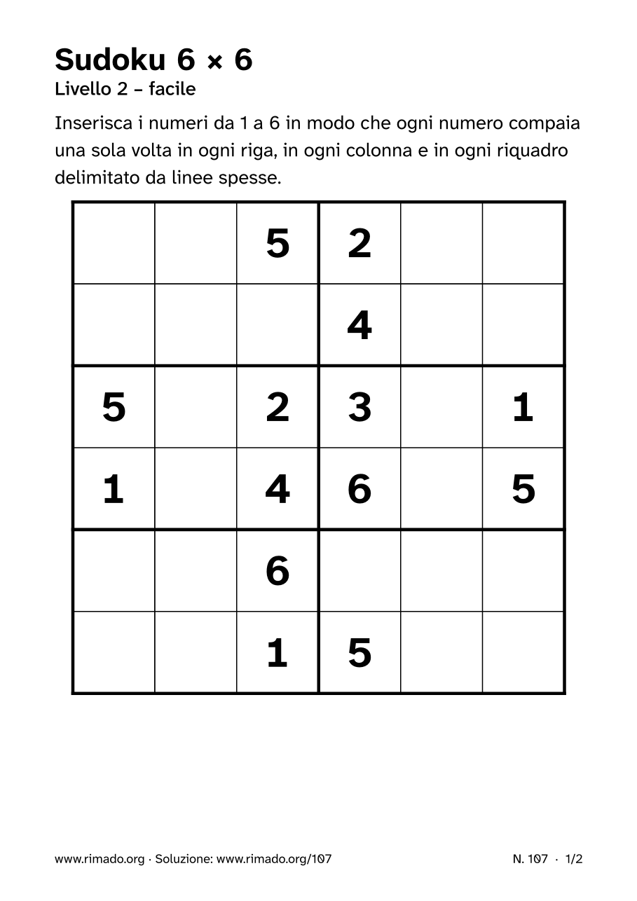 Anteprima del foglio stampato: Sudoku 6 × 6, n. 107