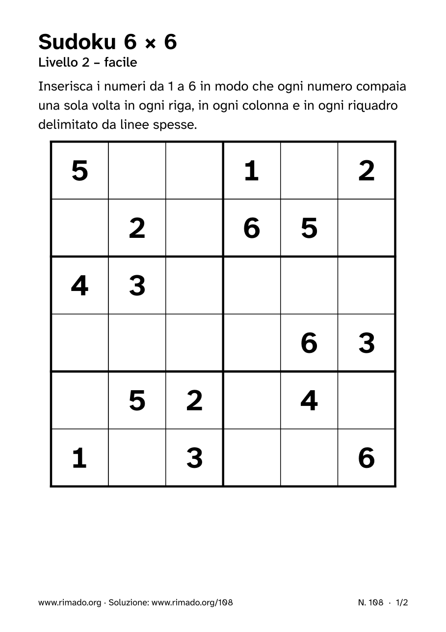 Anteprima del foglio stampato: Sudoku 6 × 6, n. 108