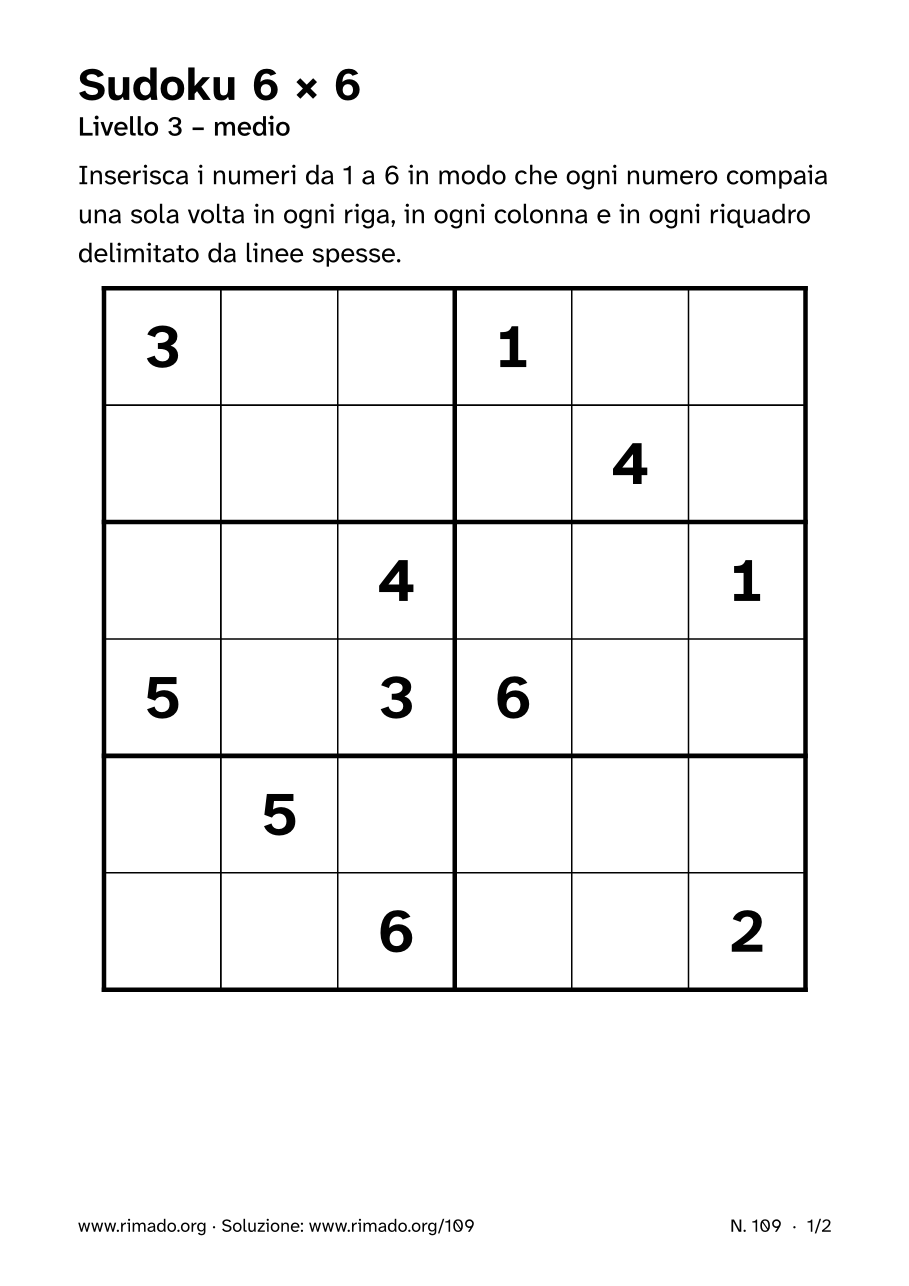 Anteprima del foglio stampato: Sudoku 6 × 6, n. 109