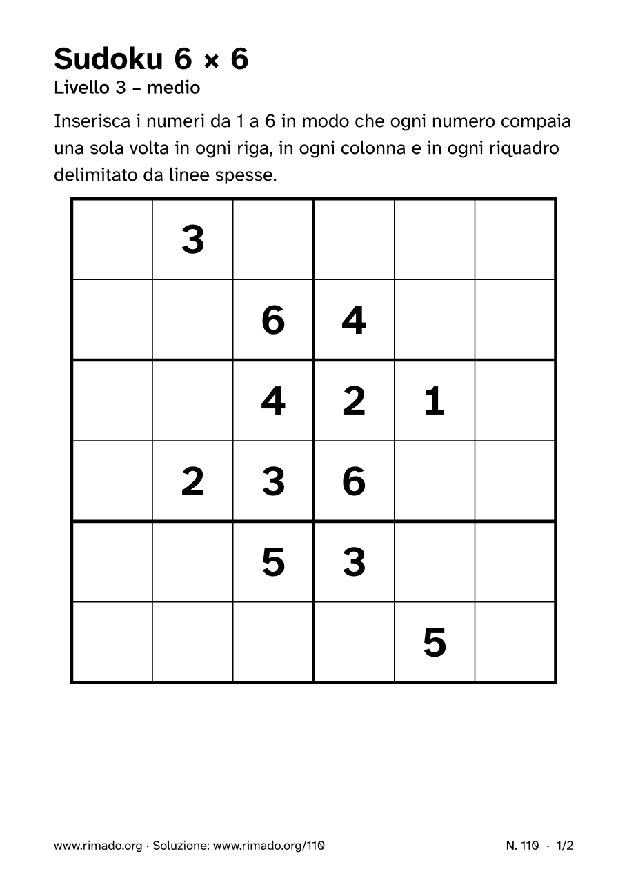 Anteprima del foglio stampato: Sudoku 6 × 6, n. 110