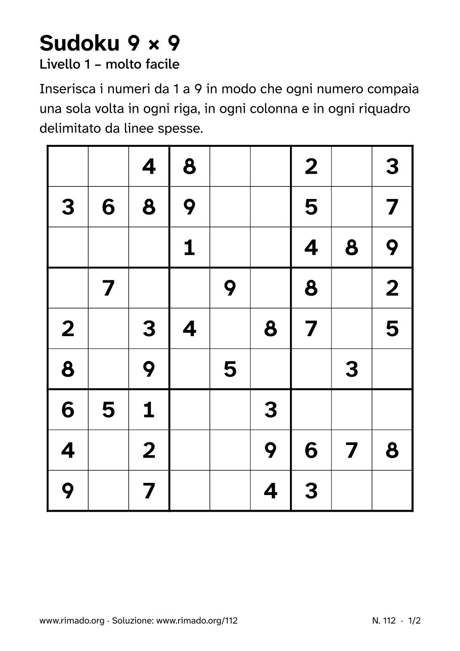 Anteprima del foglio stampato: Sudoku 9 × 9, n. 112