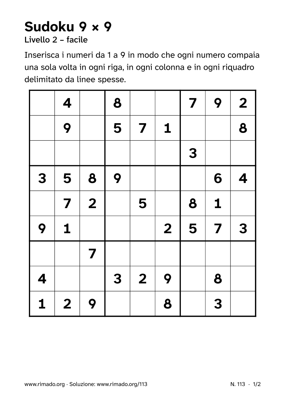Anteprima del foglio stampato: Sudoku 9 × 9, n. 113