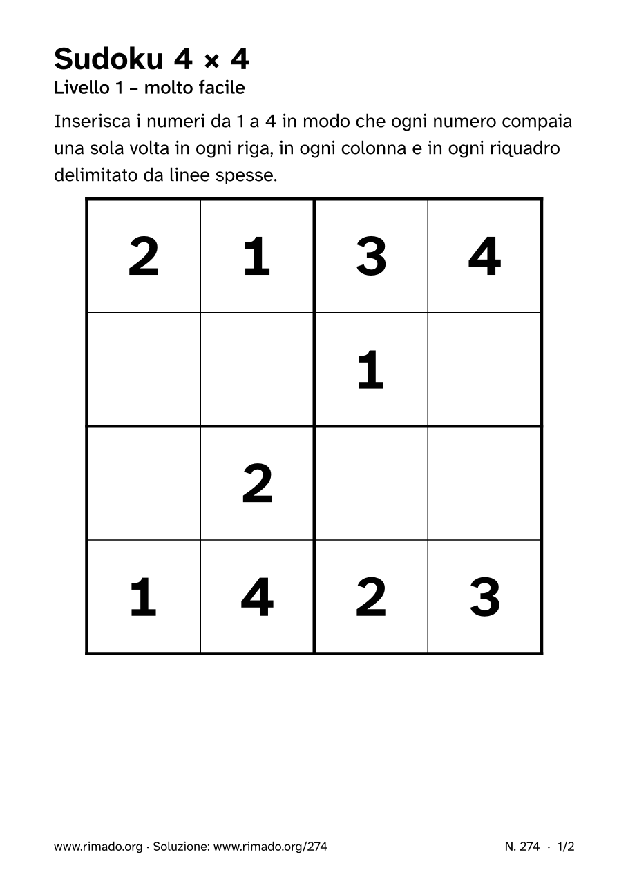 Anteprima del foglio stampato: Sudoku 4 × 4, n. 274
