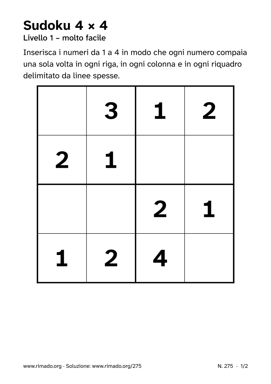 Anteprima del foglio stampato: Sudoku 4 × 4, n. 275