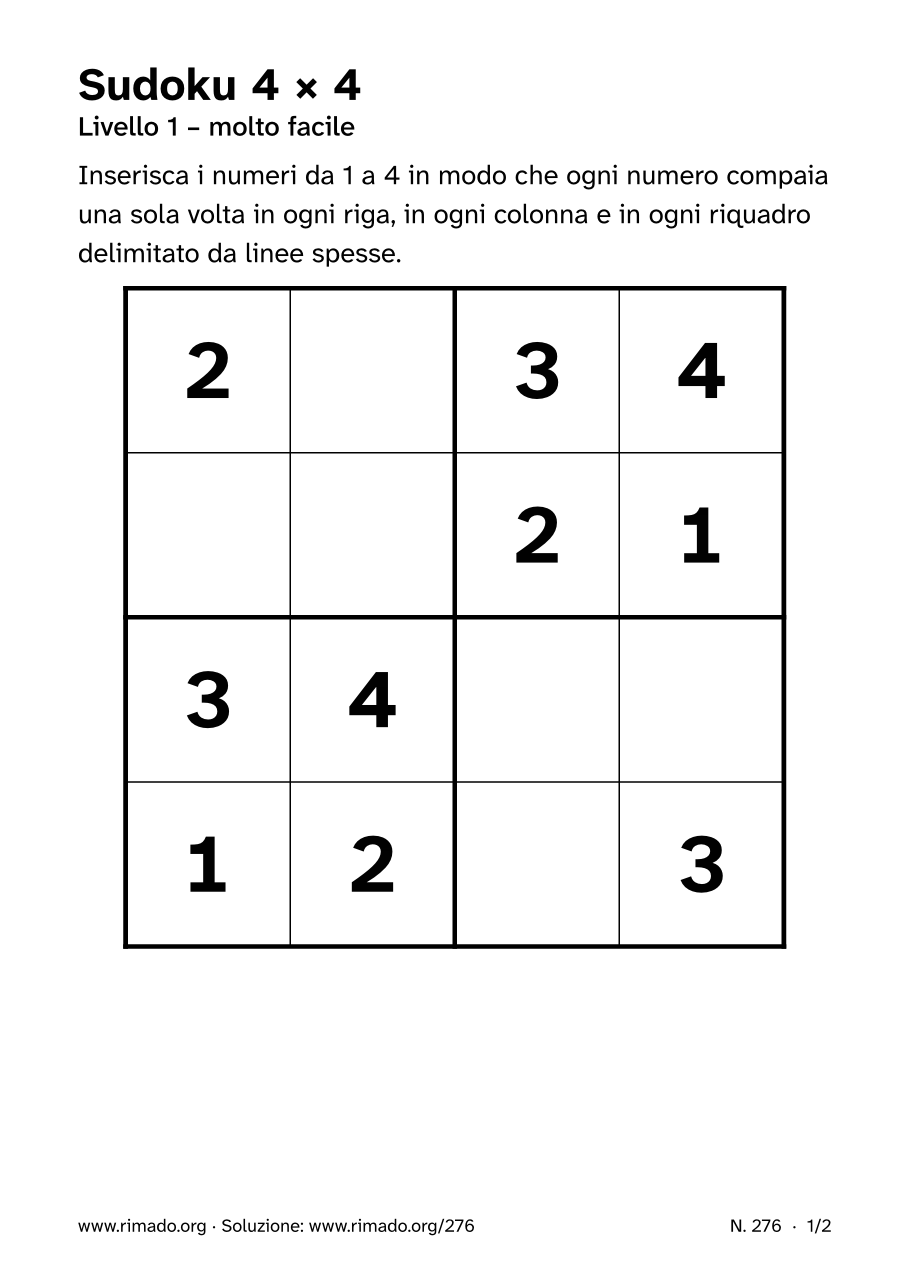 Anteprima del foglio stampato: Sudoku 4 × 4, n. 276