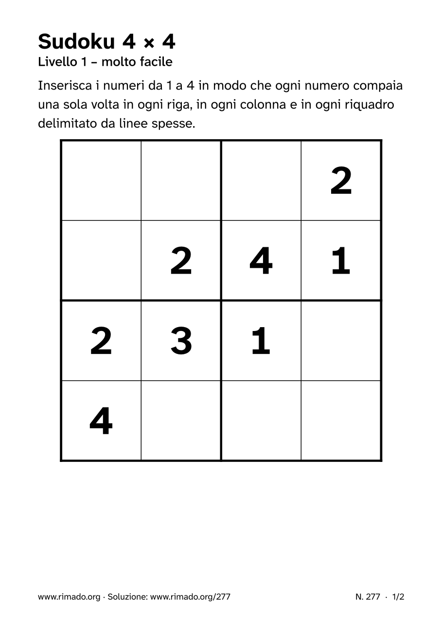 Anteprima del foglio stampato: Sudoku 4 × 4, n. 277