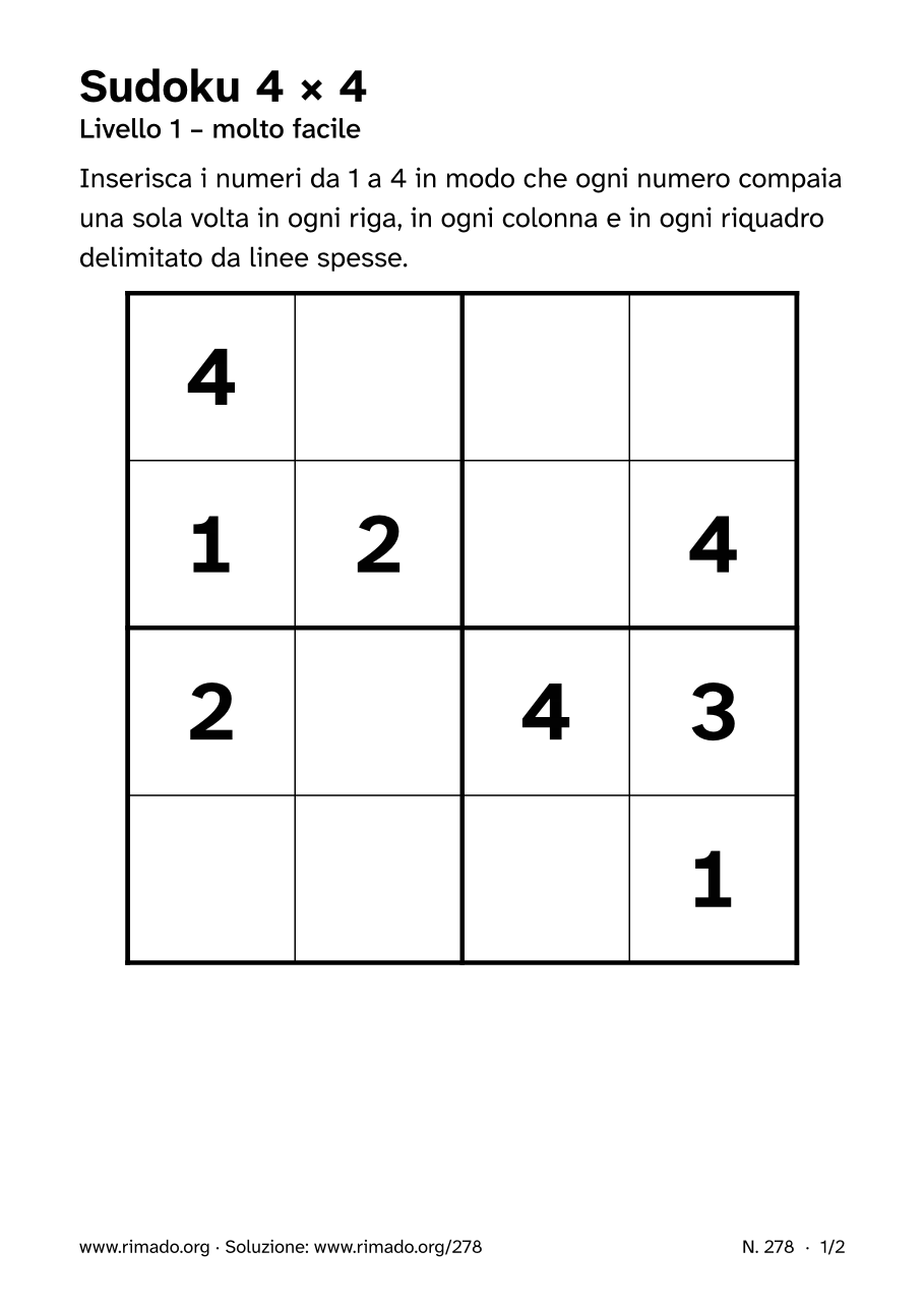 Anteprima del foglio stampato: Sudoku 4 × 4, n. 278