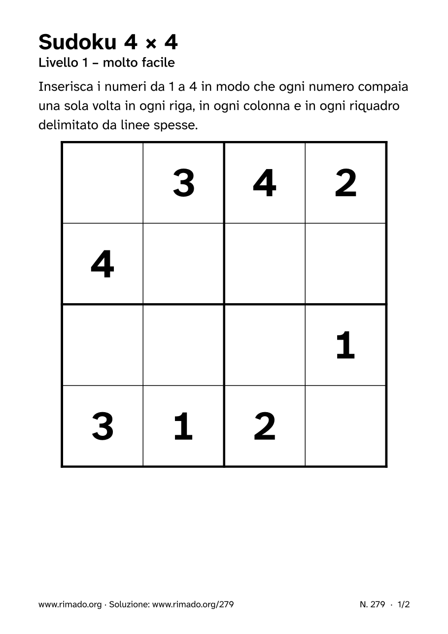Anteprima del foglio stampato: Sudoku 4 × 4, n. 279