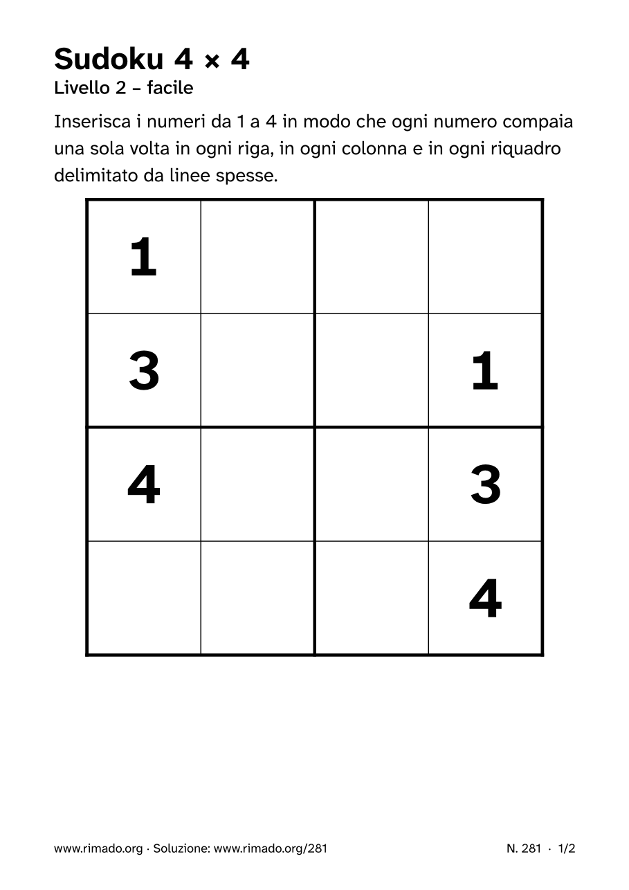 Anteprima del foglio stampato: Sudoku 4 × 4, n. 281