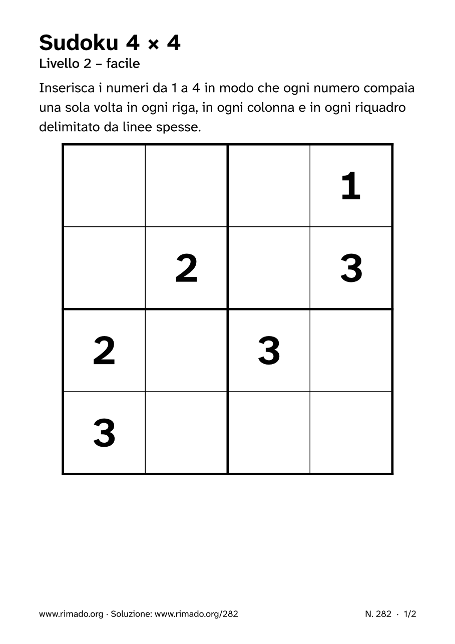 Anteprima del foglio stampato: Sudoku 4 × 4, n. 282