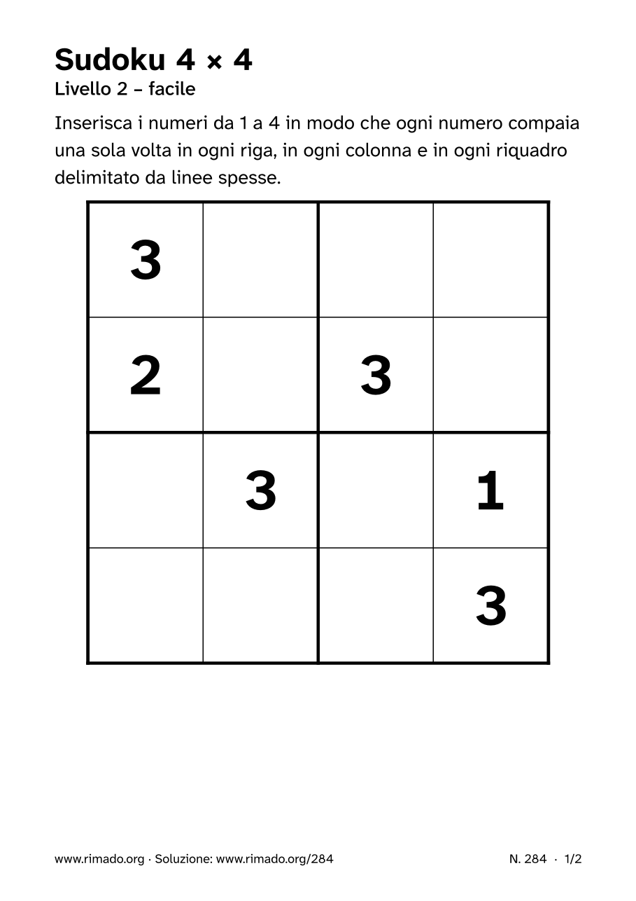 Anteprima del foglio stampato: Sudoku 4 × 4, n. 284