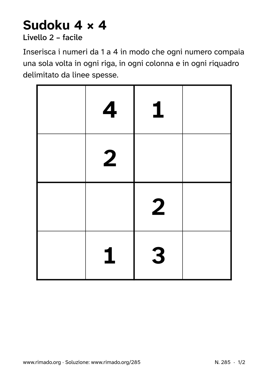 Anteprima del foglio stampato: Sudoku 4 × 4, n. 285