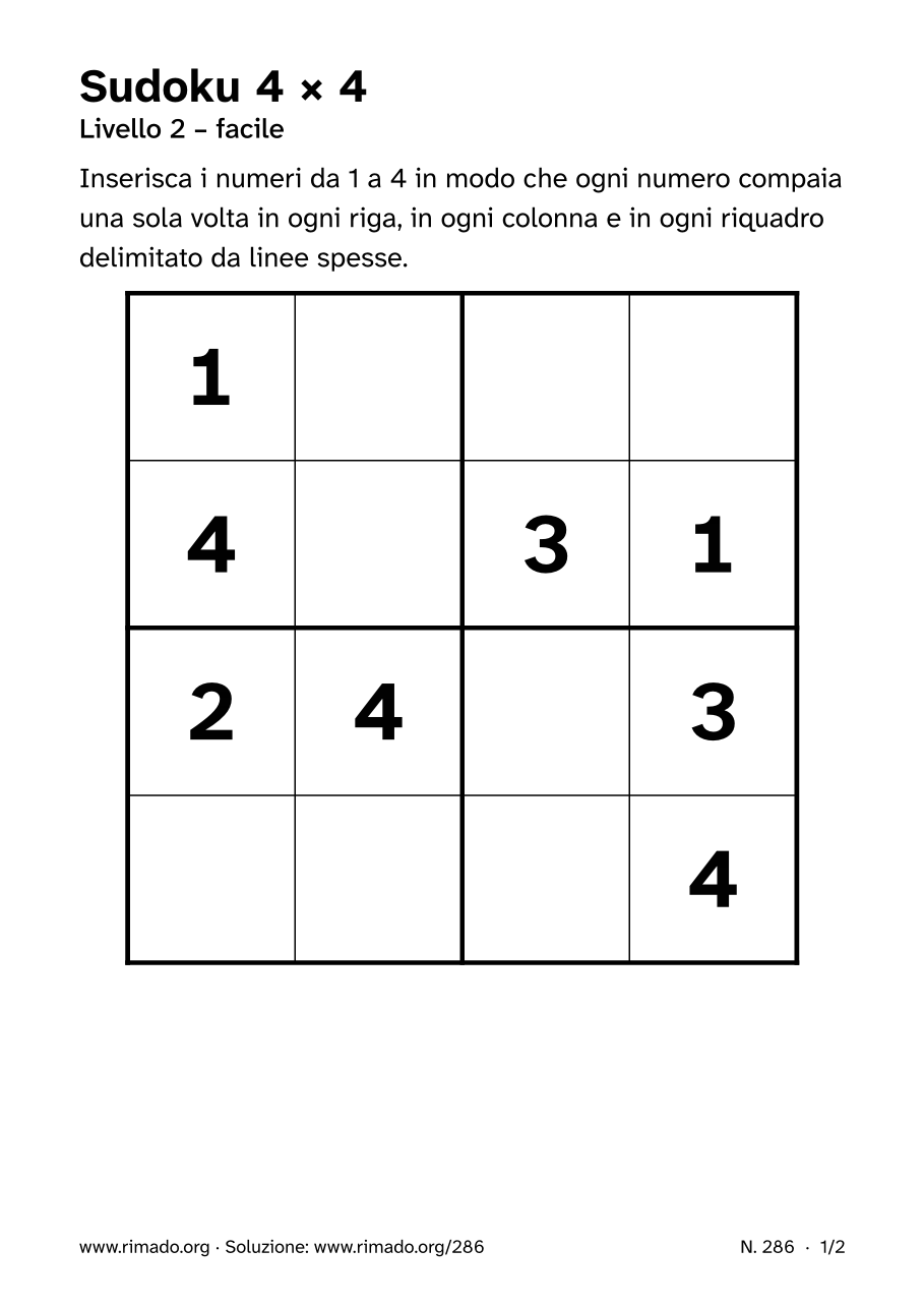 Anteprima del foglio stampato: Sudoku 4 × 4, n. 286
