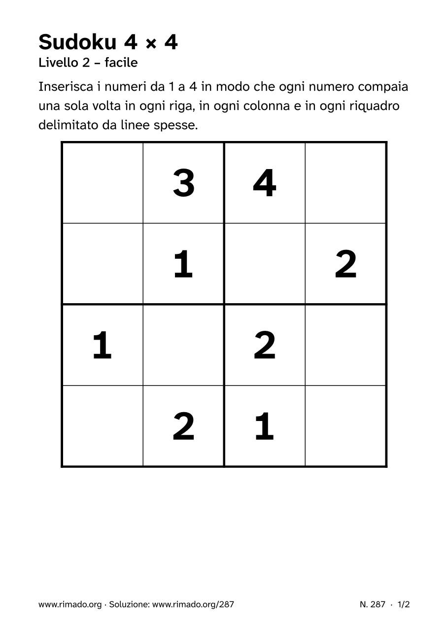 Anteprima del foglio stampato: Sudoku 4 × 4, n. 287