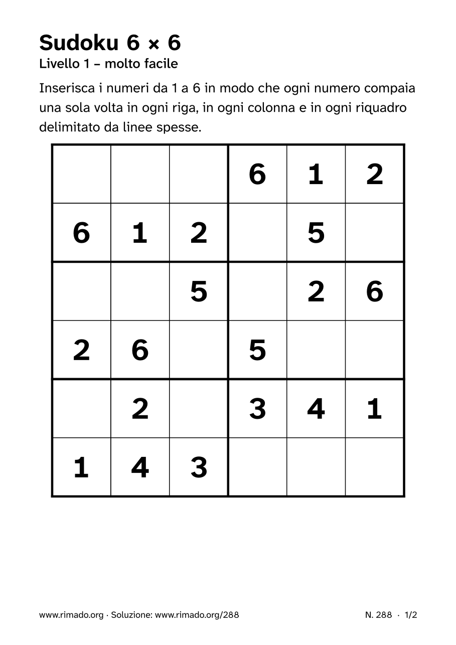 Anteprima del foglio stampato: Sudoku 6 × 6, n. 288