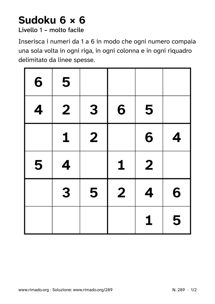 Anteprima del foglio stampato: Sudoku 6 × 6, n. 289