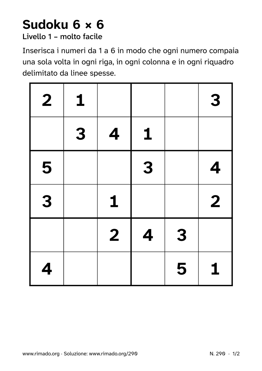 Anteprima del foglio stampato: Sudoku 6 × 6, n. 290