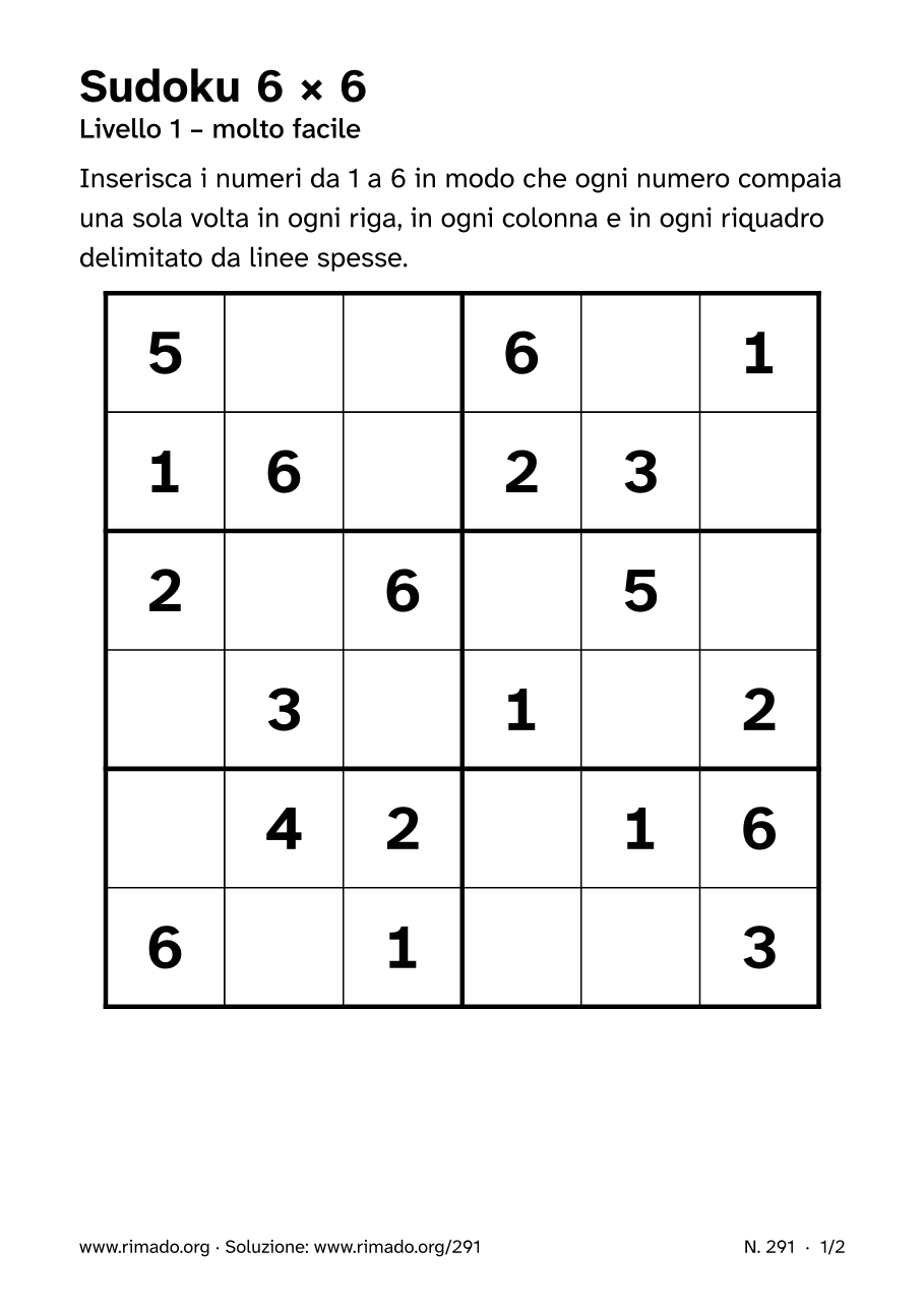 Anteprima del foglio stampato: Sudoku 6 × 6, n. 291