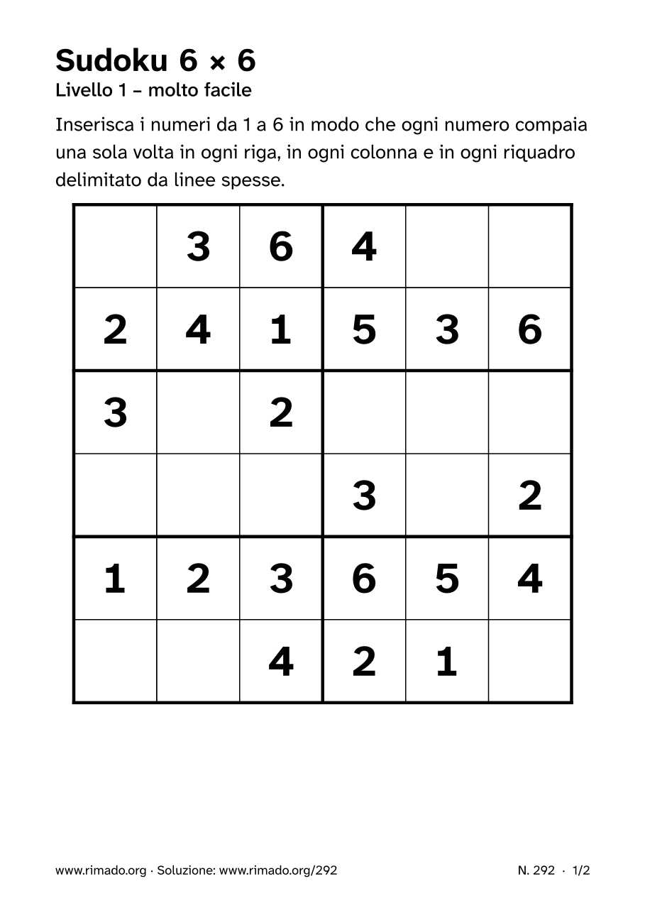 Anteprima del foglio stampato: Sudoku 6 × 6, n. 292