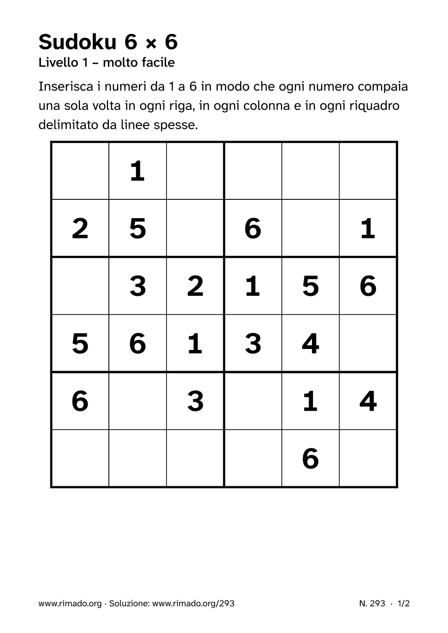 Anteprima del foglio stampato: Sudoku 6 × 6, n. 293