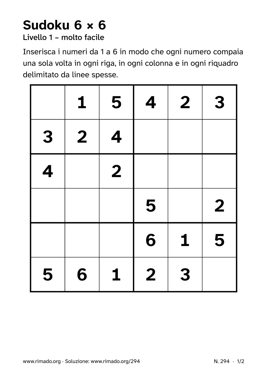 Anteprima del foglio stampato: Sudoku 6 × 6, n. 294