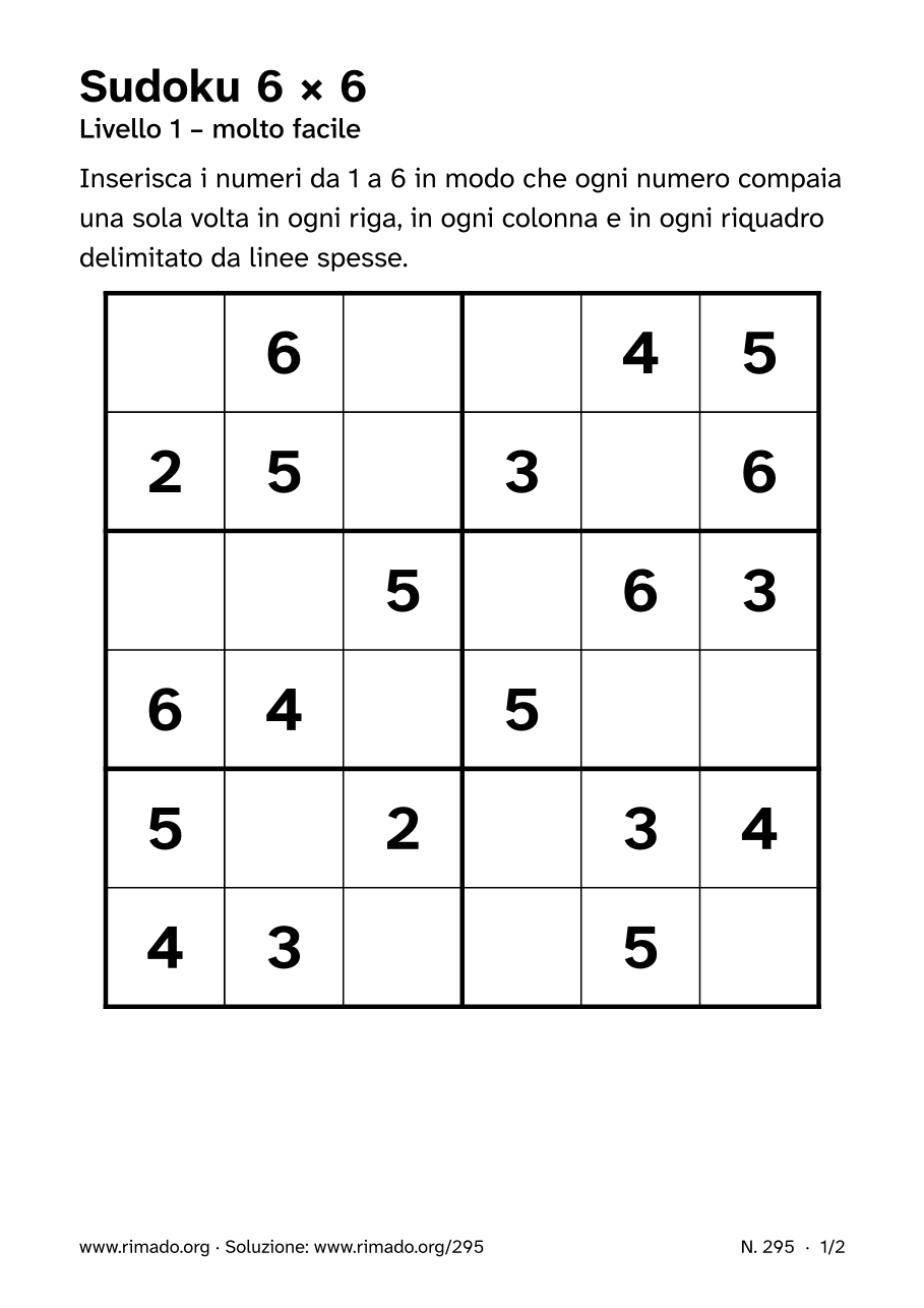 Anteprima del foglio stampato: Sudoku 6 × 6, n. 295