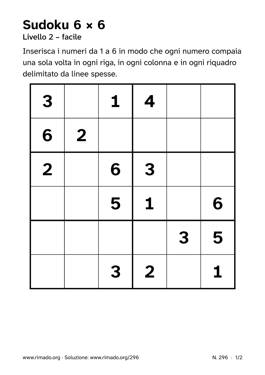 Anteprima del foglio stampato: Sudoku 6 × 6, n. 296