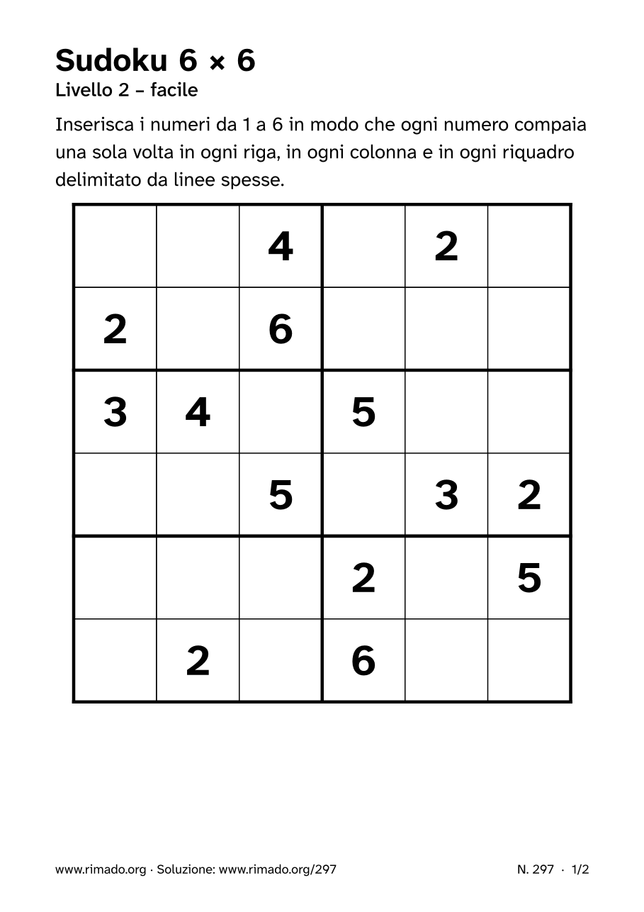 Anteprima del foglio stampato: Sudoku 6 × 6, n. 297