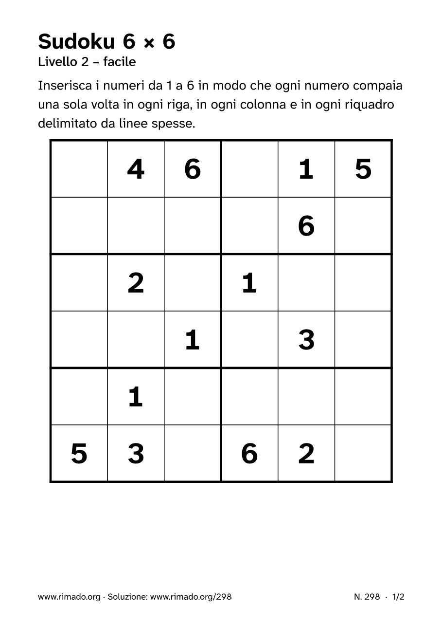 Anteprima del foglio stampato: Sudoku 6 × 6, n. 298