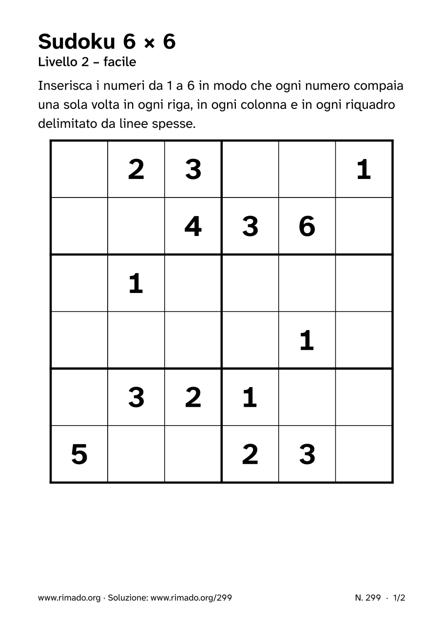 Anteprima del foglio stampato: Sudoku 6 × 6, n. 299
