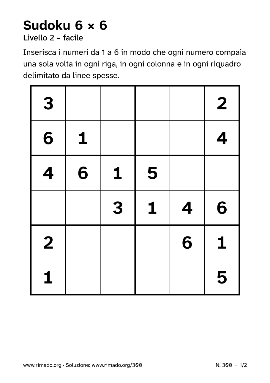 Anteprima del foglio stampato: Sudoku 6 × 6, n. 300