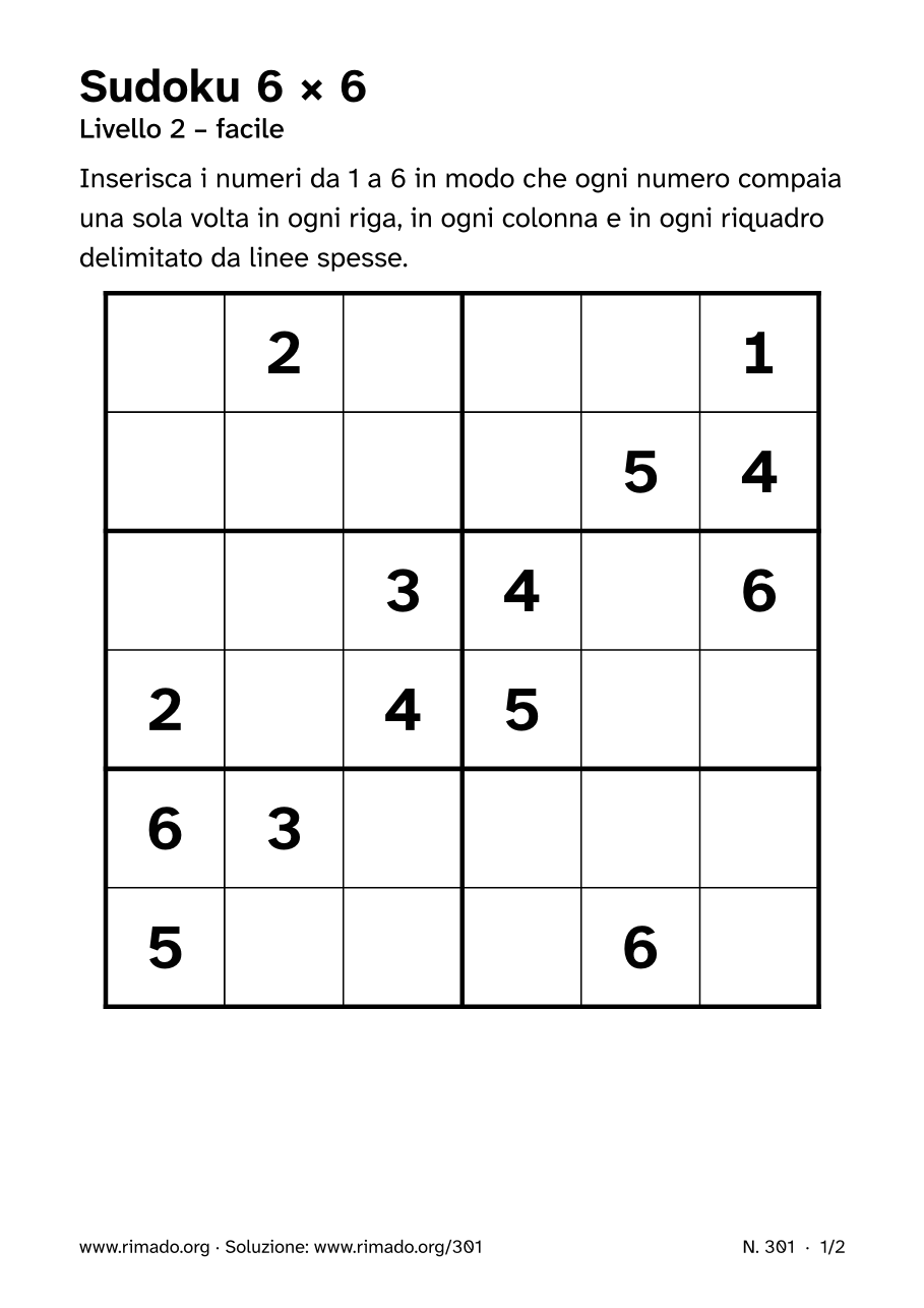 Anteprima del foglio stampato: Sudoku 6 × 6, n. 301